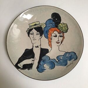 Enamel on Copper Plate Man Showgirl 1900’s Couple SIGNED 5” Mid Century Dish